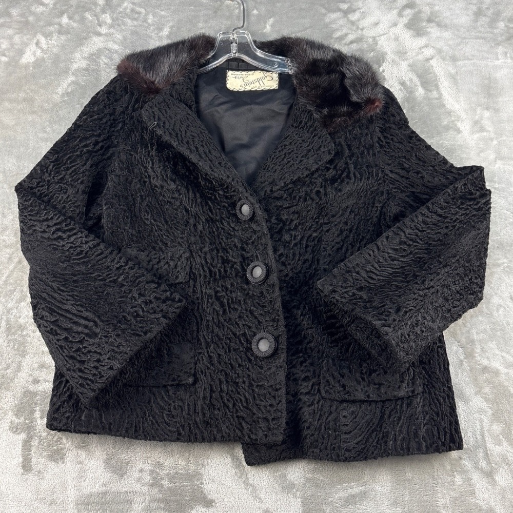 Goldsteins Furs Vintage Persian Lamb Coat Black Mink Collar Textured Jacket